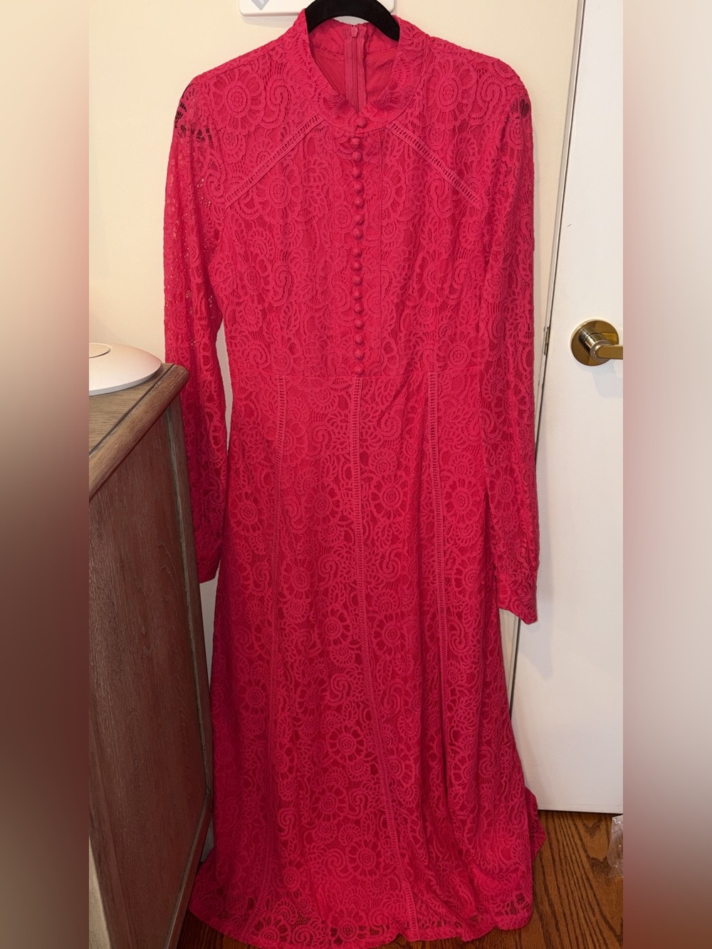 Hot Pink Lace Long-Sleeve Maxi Dress